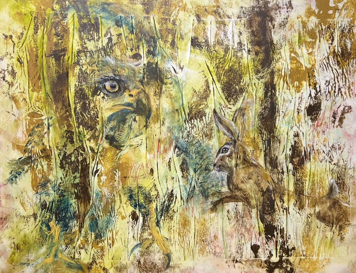 Figurative Tierkomposition in einer hellen botanischen Landschaft