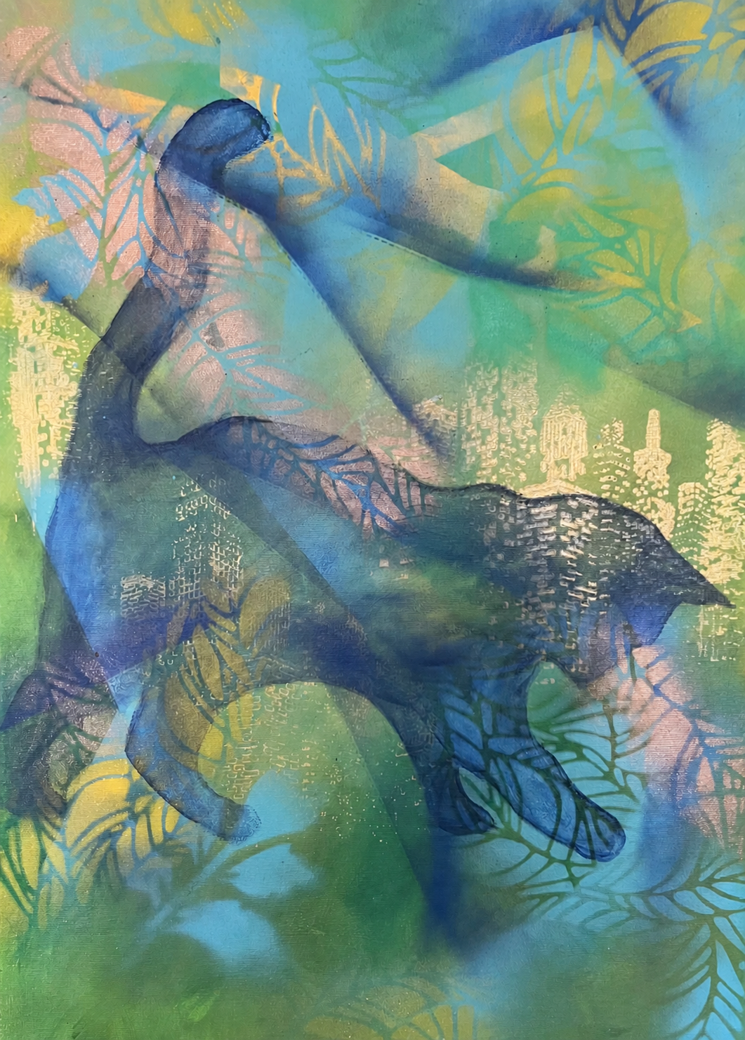 Tierische Figur in einer transparenten Komposition aus Blau und Gelb